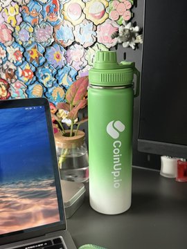 urn of pink flowers, green water bottle with white lid and logo, computer monitor displaying a blue sky, and a black wall with colorful tiles.