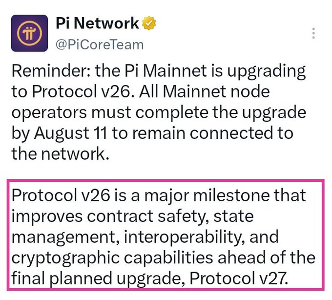 A Pi Network tweet from @PiCoreTeam reminds Mainnet node operators to upgrade to Protocol v26 by August 11, highlighting that v26 improves contract safety, state management, interoperability, and cryptographic capabilities ahead of the final planned Protocol v27 upgrade.