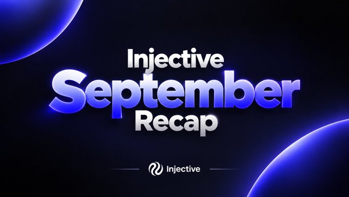 A blue and purple graphic with the text "Injective September Recap" and the Injective logo at the bottom.