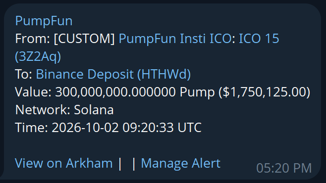 A cryptocurrency transaction alert shows a transfer of 300,000,000 Pump tokens (valued at $1,750,125.00) on the Solana network on 2026-10-02 at 09:20:33 UTC.