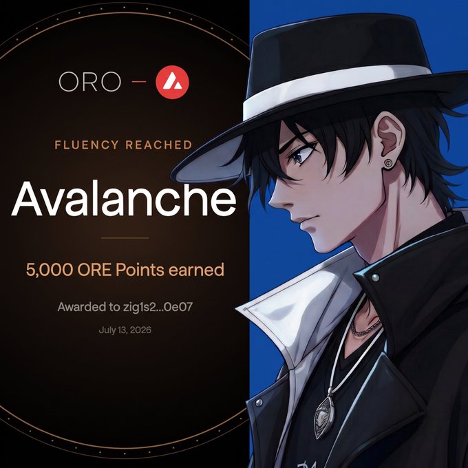 This image highlights a community activation phase for ORO, showing "Avalanche" as fluent and awarding "5,000 ORE Points" to "zig1s2...0e07". The anime character visually represents a persona engagement in the project.