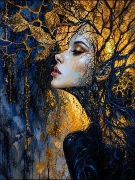 A woman in profile with closed eyes is depicted, her head and hair seamlessly merging into a network of golden, vein-like branches against a dark blue background. The artwork embodies the "Golden Veins of Eternity" theme, visually representing the cosmic, galaxy-like energy described in the accompanying text.