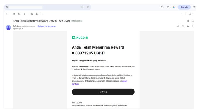 A screenshot of an email from "KuCoin" with the subject "Anda Telah Menerima Reward 0.00371205 USDT", written in Indonesian, indicating a small cryptocurrency reward.