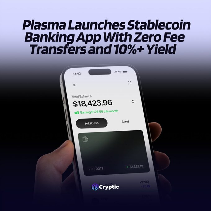The main focus of this text is a cell phone displaying an app that allows users to send transactions for $1.42 each, with 0% interest. The application's name is "Plasma" based on its logo, which is a stylized representation of a stable coin icon. The post also mentions the Plasma Network and its blockchain infrastructure, which can potentially explain how the app enables zero-fee transactions with up to 4% cashback on spending or yield over 10%.