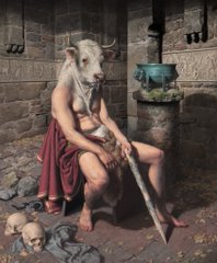A fantasy character with a white wolf head wearing tattered red clothing crouches on stone steps in a dark dungeon, surrounded by scattered skulls.