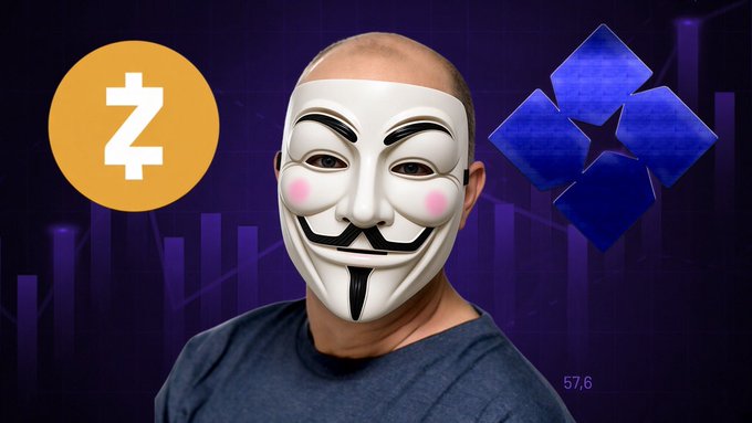 A person wearing a Guy Fawkes mask stands in front of a dark background featuring a Zcash (Z) logo and a blue star emblem.