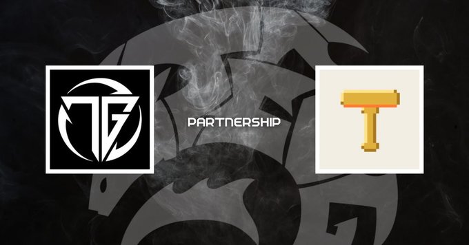 A graphic announcing a 'PARTNERSHIP' between two NFT projects, represented by their logos against a dark, smoky background with a lion emblem.