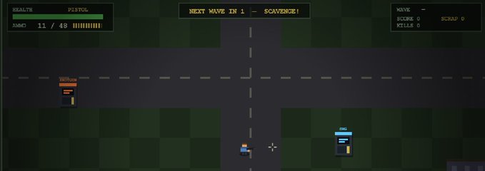 A pixel-art top-down shooter video game screenshot shows a player at an intersection with health and ammo HUD elements, and text reading "NEXT WAVE IN 1 - SCAVENGER!"