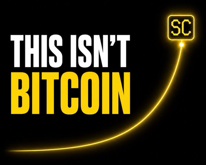 The image displays bold text reading "THIS ISN'T BITCOIN" alongside an upward-curving yellow line ending at an "SC" icon, visually representing a rising trajectory that the post identifies as Bitcoin's mining difficulty curve rather than its price chart. This graphic serves as a hook to contrast Bitcoin's fundamental technical growth mechanism with the typical speculative price pump-and-dump pattern of most tokens.