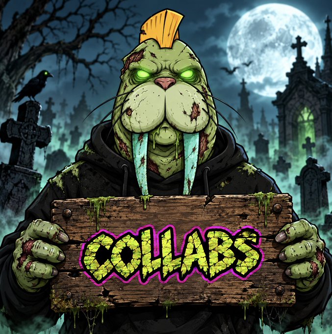 A cartoon-style illustration of a zombie rabbit with a mohawk and glowing green eyes, holding a wooden sign reading 'DOLLARS' against a spooky graveyard background with a full moon.