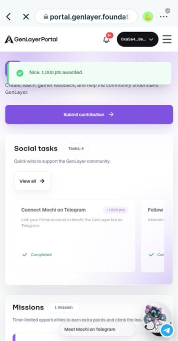 The image shows the portal.genlayer.foundation website featuring a "Social tasks" section where the "Connect Mochi on Telegram" task has been completed, awarding 1,000 points, with a small notification at the top confirming "Nice, 1,000 pts awarded."
