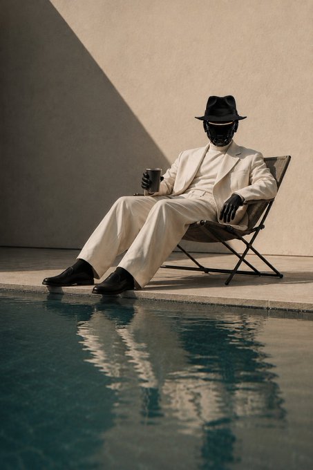A stylish figure in a white suit and black fedora, wearing a black mask and gloves, sitting in a folding chair by a pool while holding a cup.