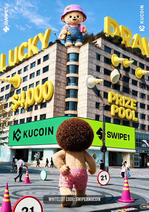 A promotional poster featuring a giant teddy bear in pink shorts facing a building adorned with "$4000," "PRIZE POOL," and "LUCKY DRAW" signage, alongside KUCOIN and SWIPE1 logos, announcing their giveaway collaboration with the whitelist code "SWIPE1XKUCOIN" displayed at the bottom.