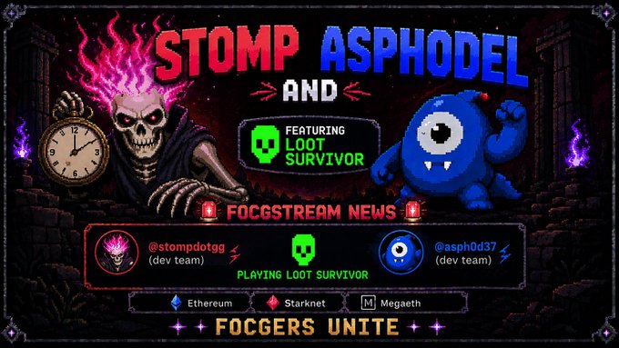 The image features a poster for a video game called "Stomp Asphodel" with two cartoon characters, one of which is a skeleton holding a clock. The poster also includes information about the game's title, developer, and a list of players who have joined the game. Additionally, there are mentions of fogstream news and a chatbot named "FOCGSTREAM".