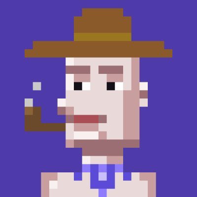 A pixel art portrait of a man wearing a brown hat, smoking a pipe, with glasses and a purple tie against a purple background.
