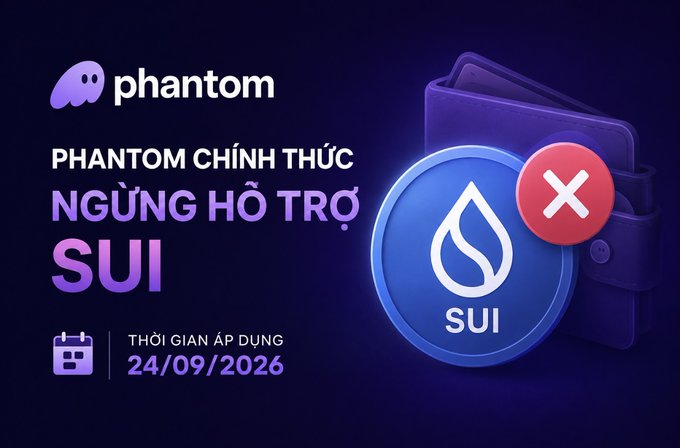 A promotional announcement from Phantom wallet stating it will officially discontinue support for the SUI network, effective 24/09/2026, featuring the Phantom logo and a SUI coin icon with a red X to signify the end of support.