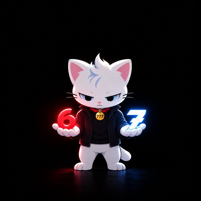 A 3D-rendered white cat character wearing a dark hoodie holds a glowing red "6" in one hand and a glowing blue "7" in the other, with a "777" tag on its collar.