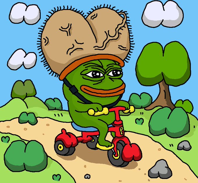 A cartoon frog character wearing a large brain-shaped helmet rides a red tricycle along a dirt path through a green, hilly landscape with trees and clouds. The image serves as playful artwork for the post titled "Deez Nutz" by @BasedFrogeth, fitting the meme-style humor with its absurd, exaggerated character design.