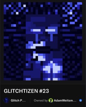 A pixelated blue portrait titled 'GLITCHIZEN #23' displayed as an NFT, owned by 'AdamWeitsman' on Glitch.