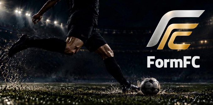 A promotional graphic for 'FormFC' featuring a dramatic black and gold logo over an image of a soccer player kicking a ball in a rain-soaked stadium.