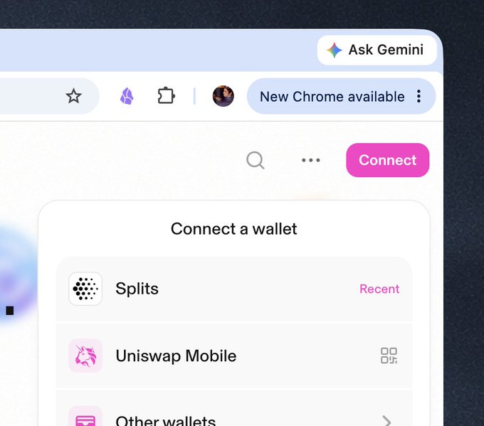 A web interface shows a 'Connect a wallet' menu with options for 'Splits' (marked Recent), 'Uniswap Mobile', and 'Other wallets', along with a 'Connect' button and an 'Ask Gemini' prompt.