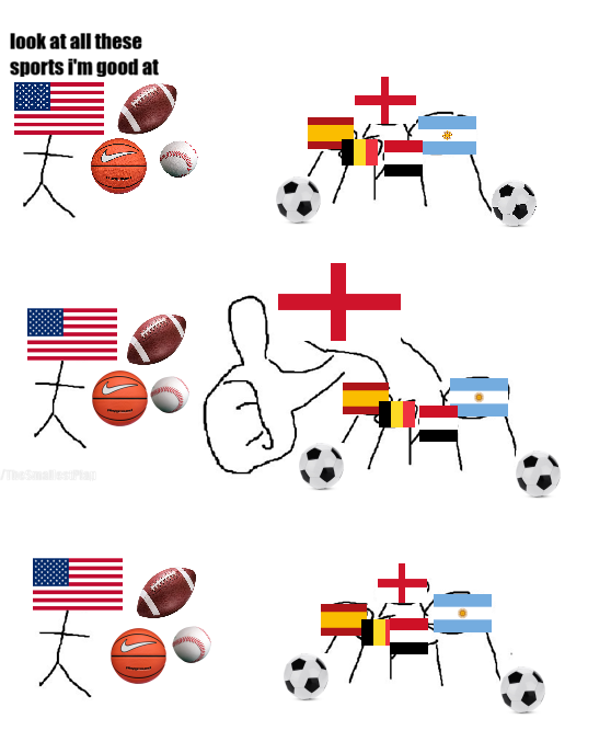 A three-panel meme titled 'look at all these sports I'm good at' showing stick figures made of US flags and sports balls facing off against European-flag stick figures and soccer balls, with a thumbs-up appearing in the middle panel.