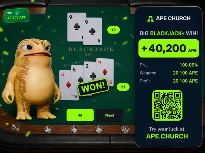 A digital blackjack game screen shows a winning hand where the player hit 21 with a 5 and a pair of 9s against the dealer's 18 (two 9s), earning a "BIG BLACKJACK+ WIN!" of +40,200 APE on Ape Church (ape.church). The display confirms a 100% PNL with 20,100 APE wagered and a matching profit, tying into the post's celebration of a big win on the platform.