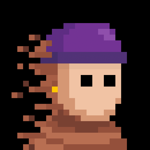 A pixel art character with a purple beanie appearing to dissolve or disintegrate into pixelated fragments against a black background.