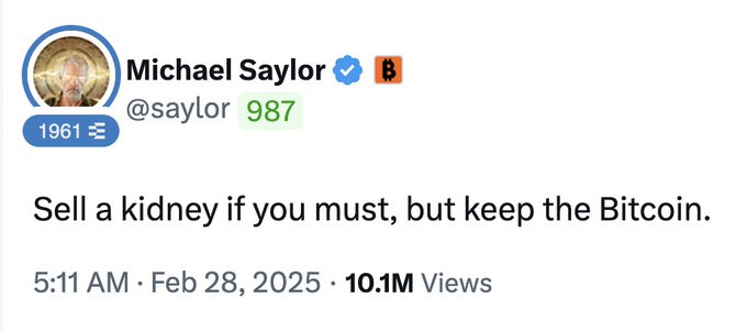 The image features a white background with black text that reads "Saysor @ 987". This message appears to be a humorous response to a tweet about selling a kidney, as indicated by the "@saylor" symbol above the text. The caption also includes an interesting fact about the number of views for this particular post.