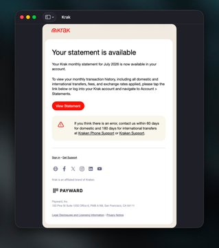 An email from Krak (krak.com) notifying that the user's monthly Krak statement for July 2025 is available in their account, with a "View Statement" button and information on foreign transaction fees. The image illustrates the post's point about Krak being one of the few crypto card providers to send monthly account statements, helping users manage their personal finances.