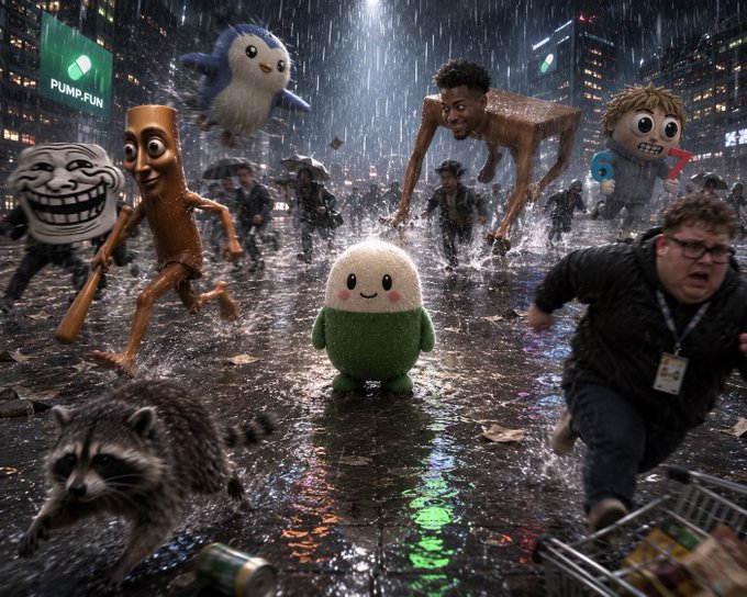 A small, adorable round mascot with a smiling face stands calmly in the rain-soaked city street as panicked people and chaotic meme characters flee around it. In the background, a green sign reads "PUMP.FUN" while trolls, raccoons, and distressed bystanders run by, perfectly matching the "me watching everyone overreact again" caption.