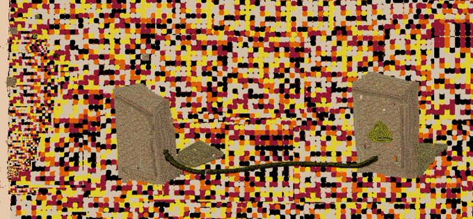 An abstract or pixelated composition with a vibrant mosaic of yellow, red, and white squares, featuring two gray rectangular shapes in the center.