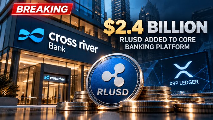 A breaking news graphic from Cross River Bank announcing a $2.4 billion addition of RLUSD to its core banking platform, featuring the bank's logo alongside a stylized XRP token and "XRP LEDGER" text on the right, visually reinforcing the headline's claim of integrating Ripple's stablecoin with the bank's infrastructure.