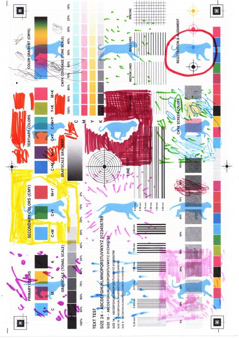 A digital color test chart features hand-drawn wild cat silhouettes scattered across standard calibration panels, with "TEXT TEST" and size specifications (24-60) labeled at the bottom, matching the listing for "wild cat and 12 frames" offered at 500 tz on objkt.com.