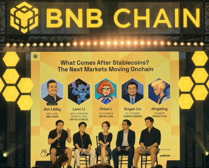 A BNB Chain panel titled 'What Comes After Stablecoins? The Next Markets Moving Onchain' featuring Jon Libby, Leon Li, Chloe L, Guyan Liu, and dingaling seated on stage.