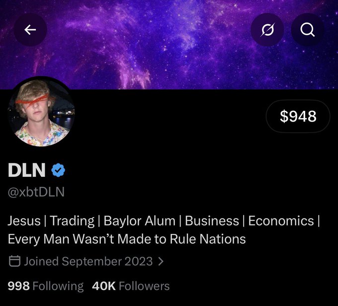 A screenshot of the Twitter/X profile for "DLN" (@xbtDLN) showing a Baylor alum with 40K followers and $948 displayed, matching his celebratory post about reaching 40K followers after 3 years.