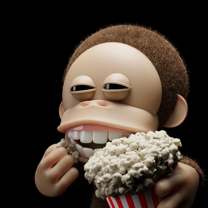 A 3D-rendered monkey character with half-closed eyes eats popcorn from a red-and-white striped bucket against a black background.