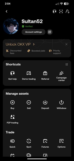 A mobile screenshot of the OKX cryptocurrency app shows a user profile 'Sultan52' with sections for Shortcuts (Get help, Demo trading, Referral, Campaign center), Manage assets (Buy, Sell, Deposit, Withdraw), and Trade (Quick, Spot, Futures, Options).