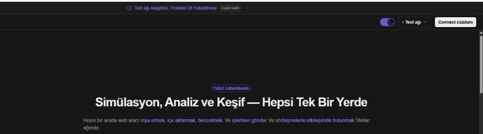 A screenshot of a website in dark mode with Turkish text 'Simülasyon, Analiz ve Keşif — Hepsi Tek Bir Yerde' and a 'Connect cüzdan' (Connect wallet) button in the top right corner.