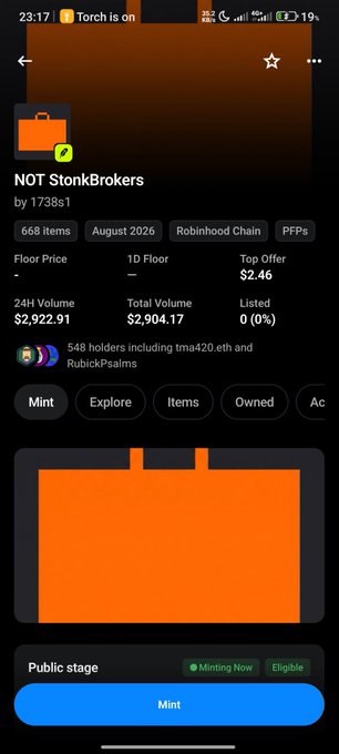 A mobile app screenshot displays a digital asset named 'NOT StonkBrokers' by '1738s1', listing 668 items with a top offer of $2.46, a floor price unavailable, and showing a 'Minting Now' public stage.