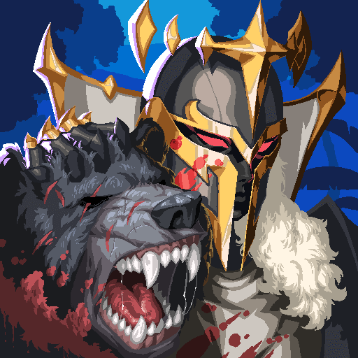 A pixel-art style illustration of a menacing armored figure wearing a gold helmet with horns and glowing red eyes, gripping a snarling gray wolf-like creature dripping with blood against a blue sky background.