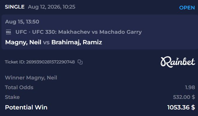 A sports betting slip from Rainbet showing a SINGLE bet placed Aug 12, 2026 at 10:25 on UFC 330: Makhachev vs Machado Garry and Magny/Neil vs Brahimaj/Ramiz, with a potential win of $1053.36 on a $532.00 stake.