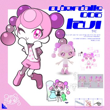 Character design artwork for 'cybertodd 006' by 'lasi' (ラピ), showing a pink-haired figure in pink clothing and additional reference sketches on a pink background.