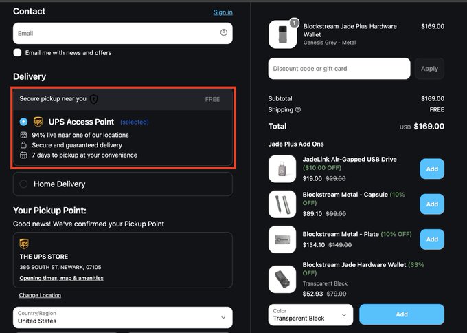 The image shows a Blockstream online checkout page for a Jade Plus Hardware Wallet ($169.00) featuring a "Secure pickup near you" option highlighted with UPS Access Point as the selected delivery method. The image relates to the post by highlighting an interesting irony: despite the post expressing hope that companies selling hardware wallets prioritize customer security, Blockstream offers free in-person pickup at physical locations like The UPS Store in Newark as a more secure alternative to home delivery.