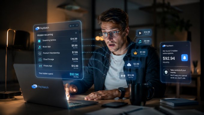 A man at a laptop looks surprised as holographic UI panels for 'PayWatch' display his hidden recurring subscriptions totaling $92.94 monthly, including Streaming Service ($14.99), Music App ($9.99), Premium Membership ($7.99), Cloud Storage ($3.99), and Fitness App ($12.99), with a notification stating 'We found 2 hidden subscriptions.'
