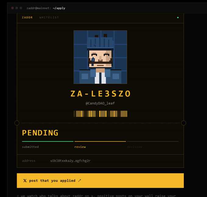 A screenshot of a ZADDR whitelist application showing a pixel art character, the username 'ZA-LE3SZO', a barcode, and a 'PENDING' status with 'submitted' and 'review' progress steps.