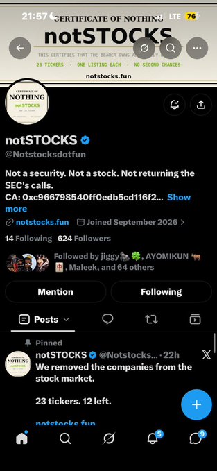A Twitter/X profile for 'notSTOCKS' (@Notstocksdotfun) displaying a 'CERTIFICATE OF NOTHING' header and a pinned tweet stating 'We removed the companies from the stock market. 23 tickers. 12 left.'
