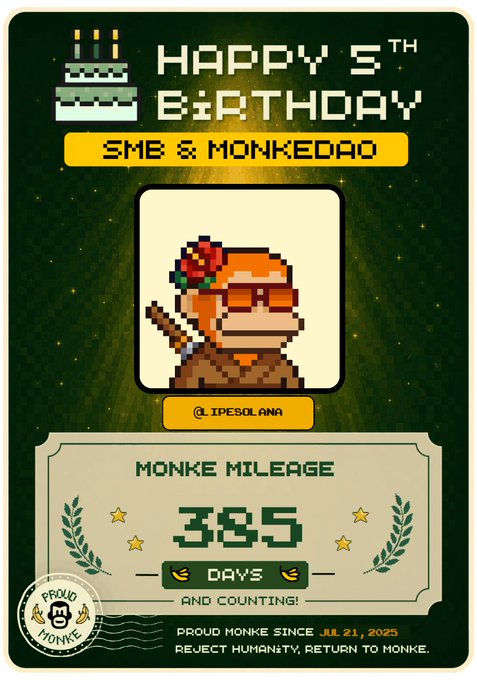 A pixel-art birthday card celebrating the 5th birthday of 'SMB & MonkeDAO' with '385 DAYS AND COUNTING' of Monke Mileage and the slogan 'Reject Humanity, Return To Monke.'