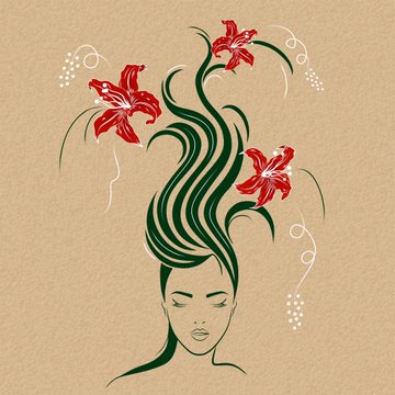An illustration of a woman with flowing green hair and closed eyes, decorated with red lilies against a tan background.