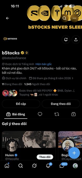 The image shows a TikTok-style profile page for "bStocks" (@bstocksfinance) with a golden eye-themed "SOLD" logo banner, 11 posts, 1,245 followers, and a recent post dated 8/2023 referencing a 24/7 exchange. It relates to the caption by introducing bStocks as the new account being promoted.